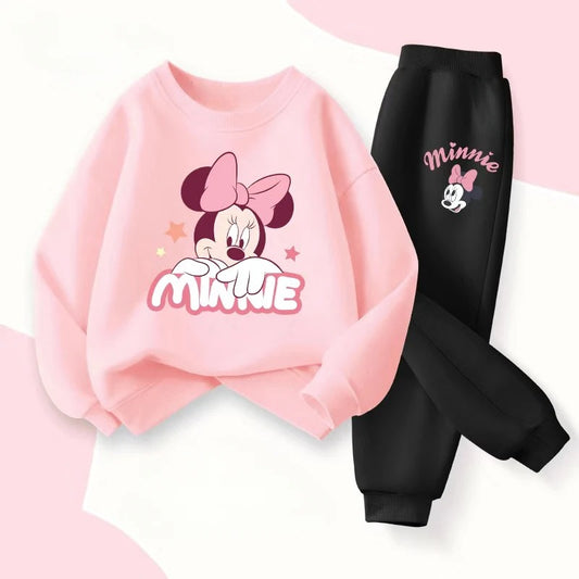 DISNEY Spring Autumn Children's Pullover Sets Minnie Print Girls Clothing Sets Breathable Thin Kids Sweatshirt Pant 2pcs Suit